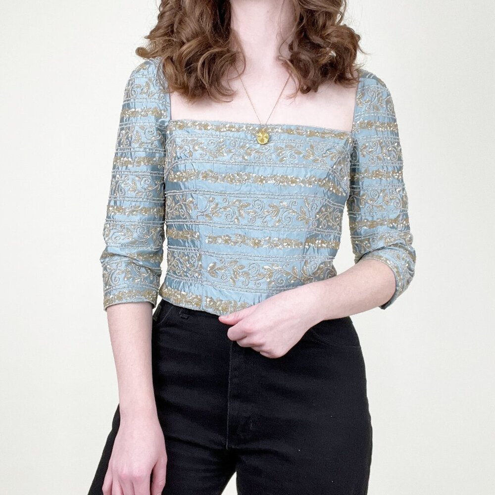 Naeem Khan 100% Silk Beaded Top Blouse Romantic Whimsigoth Medieval Renaissance - Picture 1 of 10